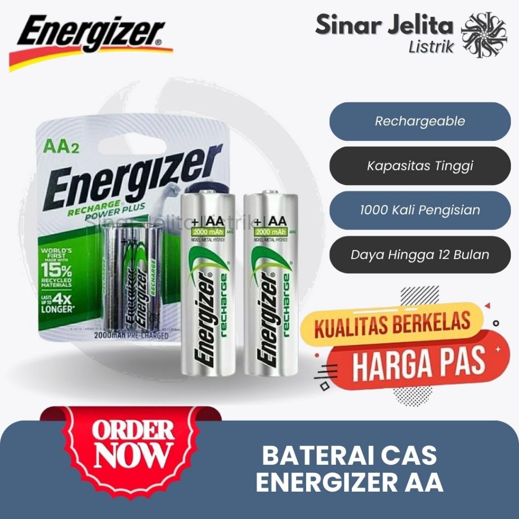 Baterai Cas Rechargeable ENERGIZER AA/A2 Isi 2 pcs | Baterai Cas ENERGIZER Isi Ulang Tahan 1tahun