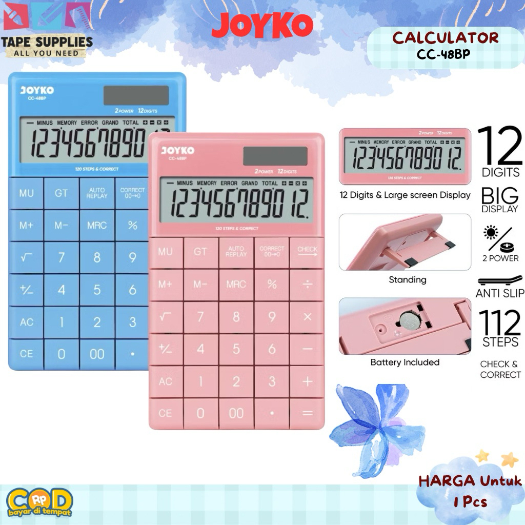 

(MODEL TERBARU) Joyko Kalkulator CC-48BP – 12 Digit Check & Correct, Dual Power, Stand Lipat, Replay 112 Langkah