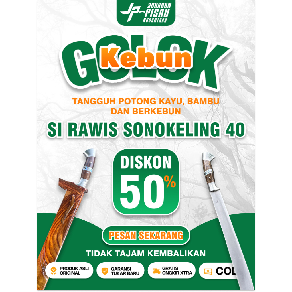 Golok Kebun Panjang 40cm Sarung Kayu Sonokeling | Golok Tajam Berkebun Baja Sup9 | Juragan Pisau Nus