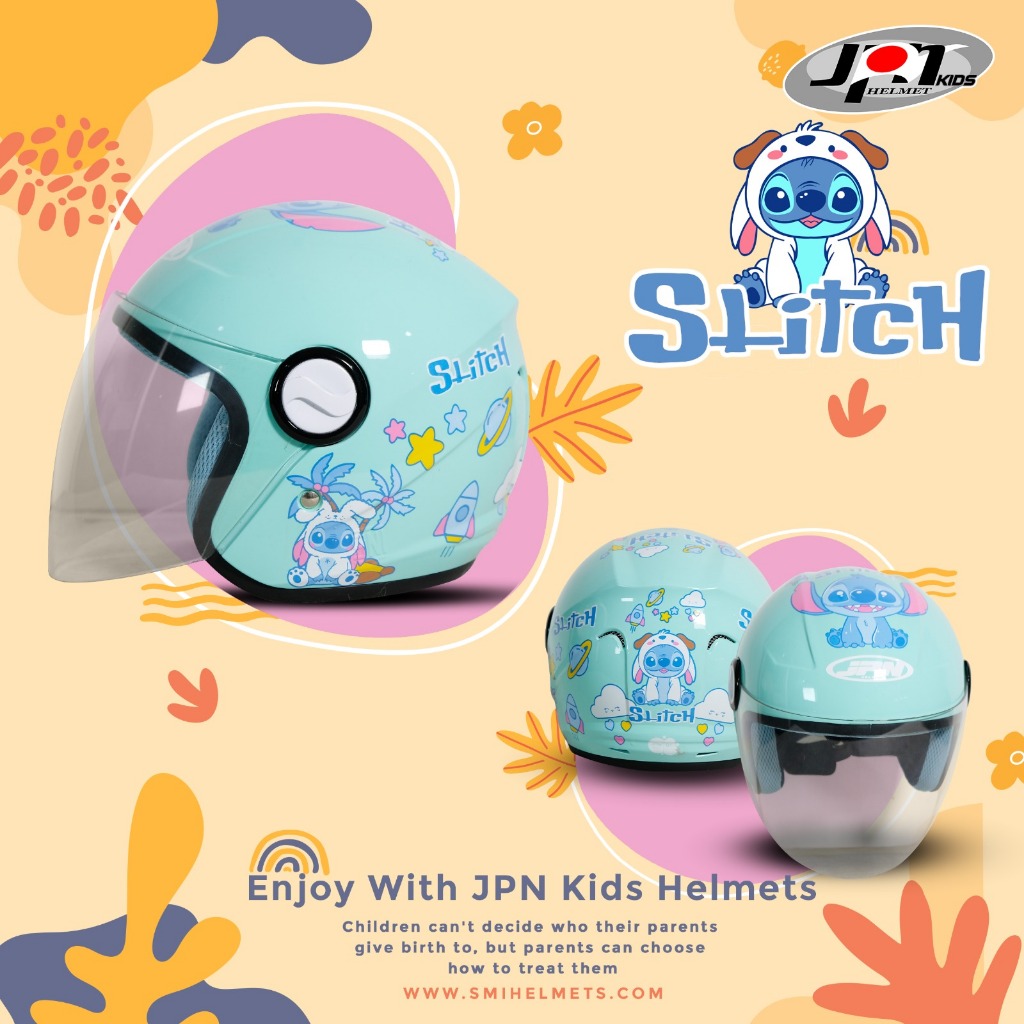 Helm Motor Half Face Anak Standar JPN KIDS STITCH SNI Anak Pria Wanita PASTEL HIJAU