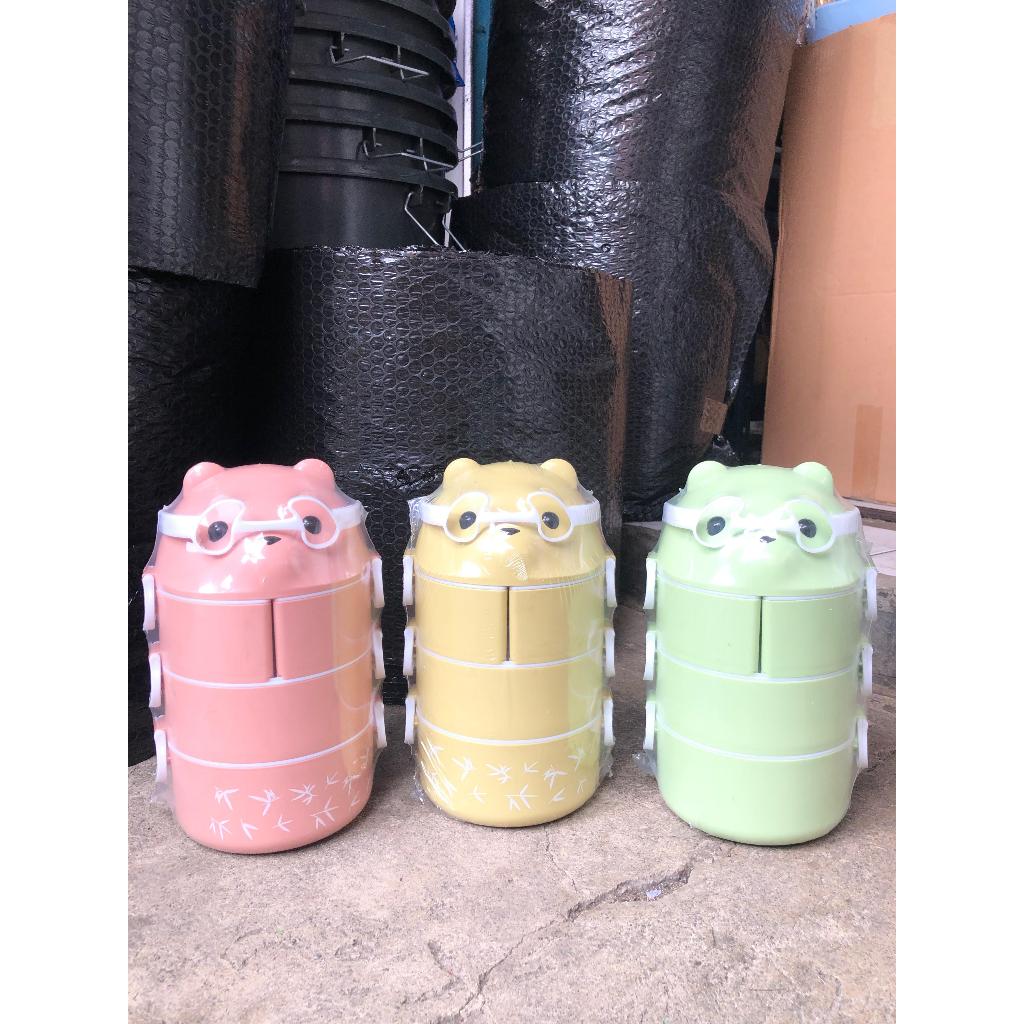 Lovenia RANTANG PANDA Sekat Susun 4 bonus Sendok Makan Plastik / Lunch Box Beruang Karakter Sekat 4
