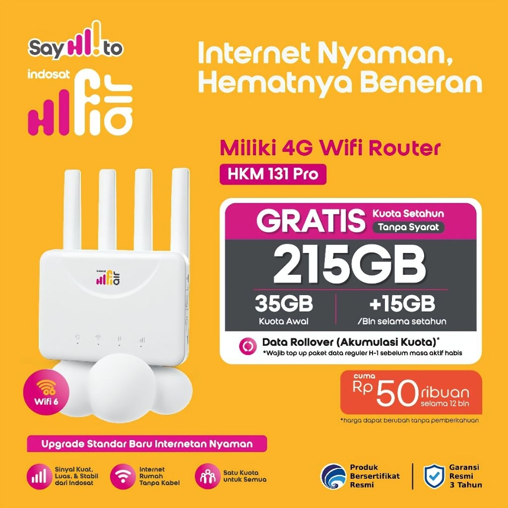 Modem Wifi 4G LTE Indosat Hifi Air Router Wireless HKM 131 PRO Free Kuota 215 GB