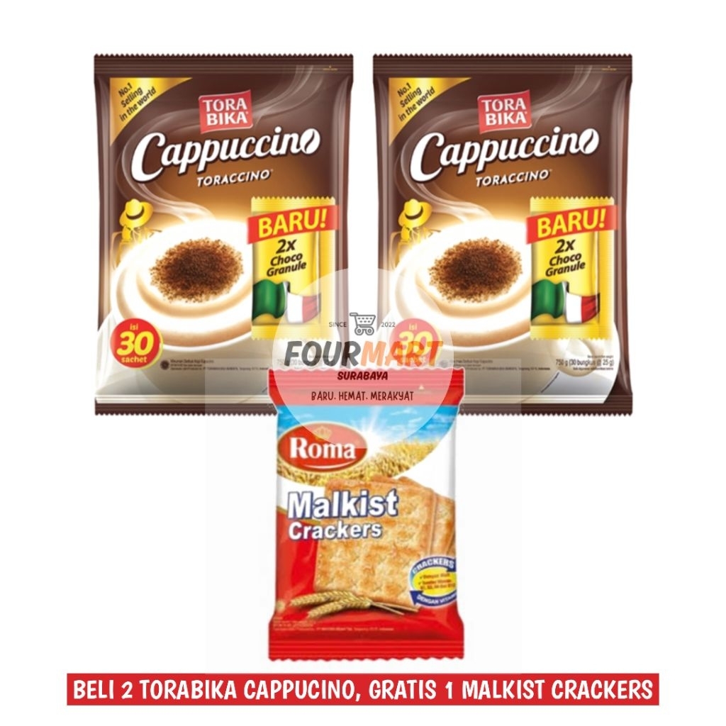 

ECERAN Kopi Torabika Cappucino - Promo 2 Sachet Torabika Cappucino + Gratis 1 Sachet Roma Malkist Crackers