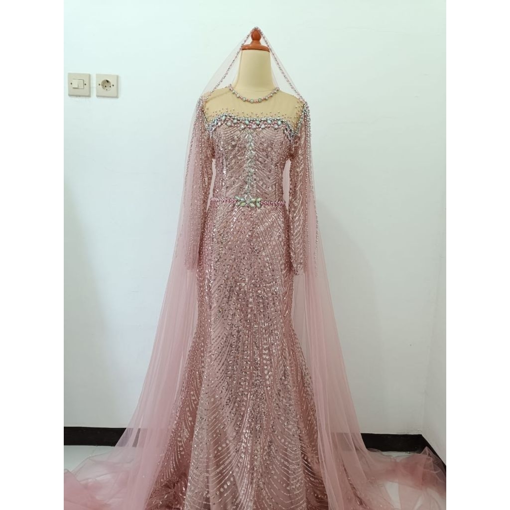 wedding dress | Gaun Pesta Payet Full Rose gold + Kerudung Panjang |