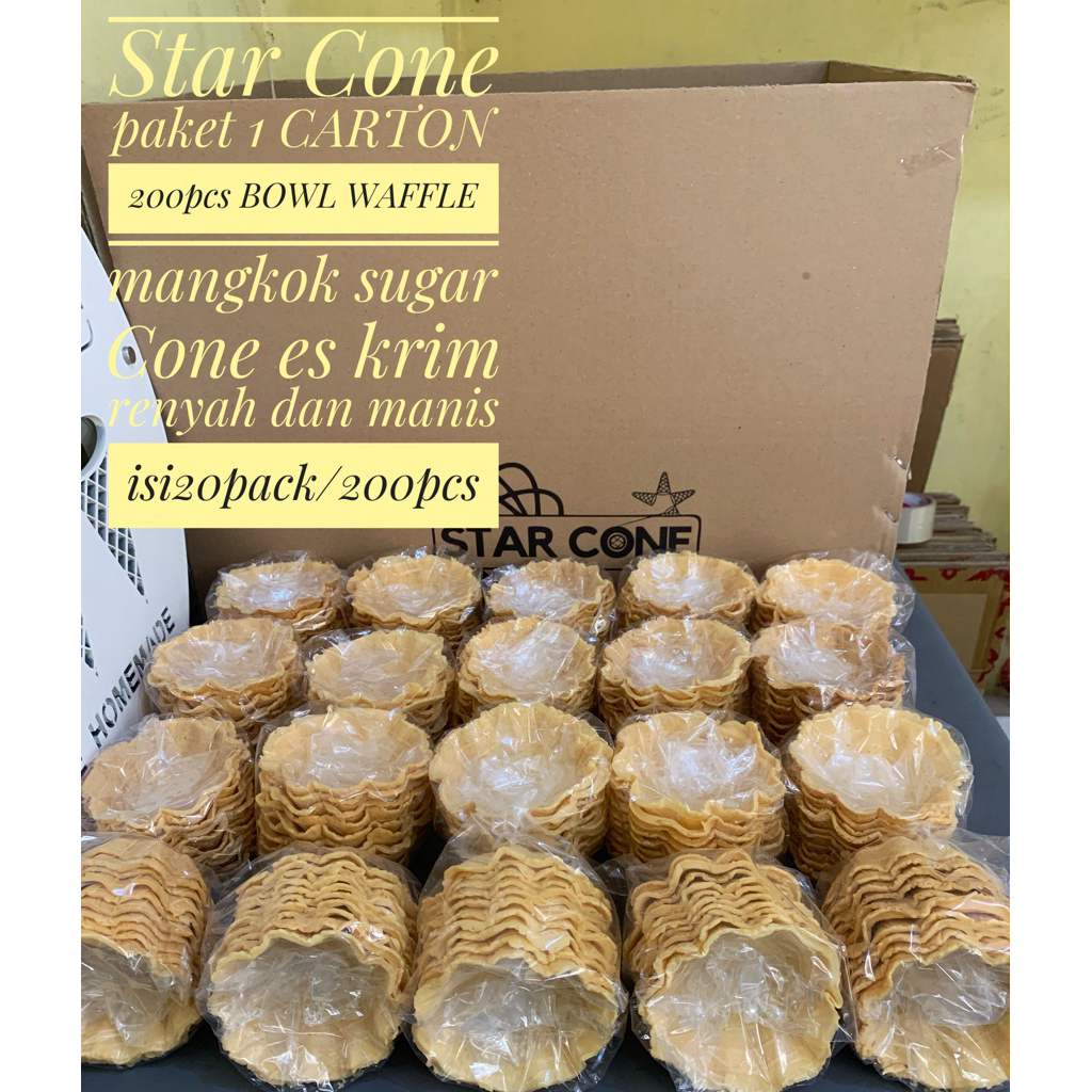 

STAR CONE PAKET 1 Carton 200pcs BOWL WAFFLE MANGKOK SUGAR CONE ES KRIM RENYAH MANIS
