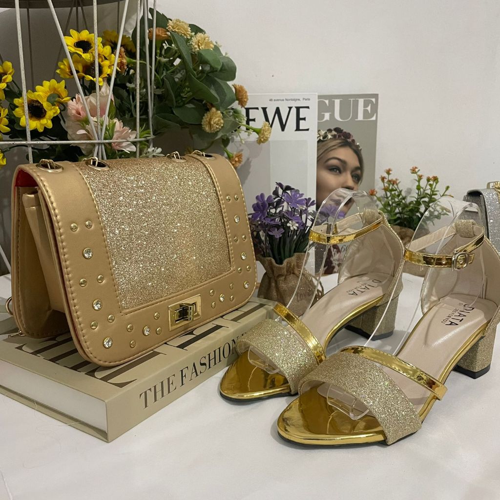 LARISBAGS1 Paket Tas Wanita Goldan Dan Sandal Heels Pesta Mewah Kondangan Korean Style