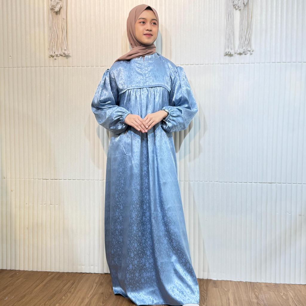 Dress Muslimah Umroh Armani Silk Jaguar Premium Gamis Muslim Jumbo Armany Silk Biru Denim
