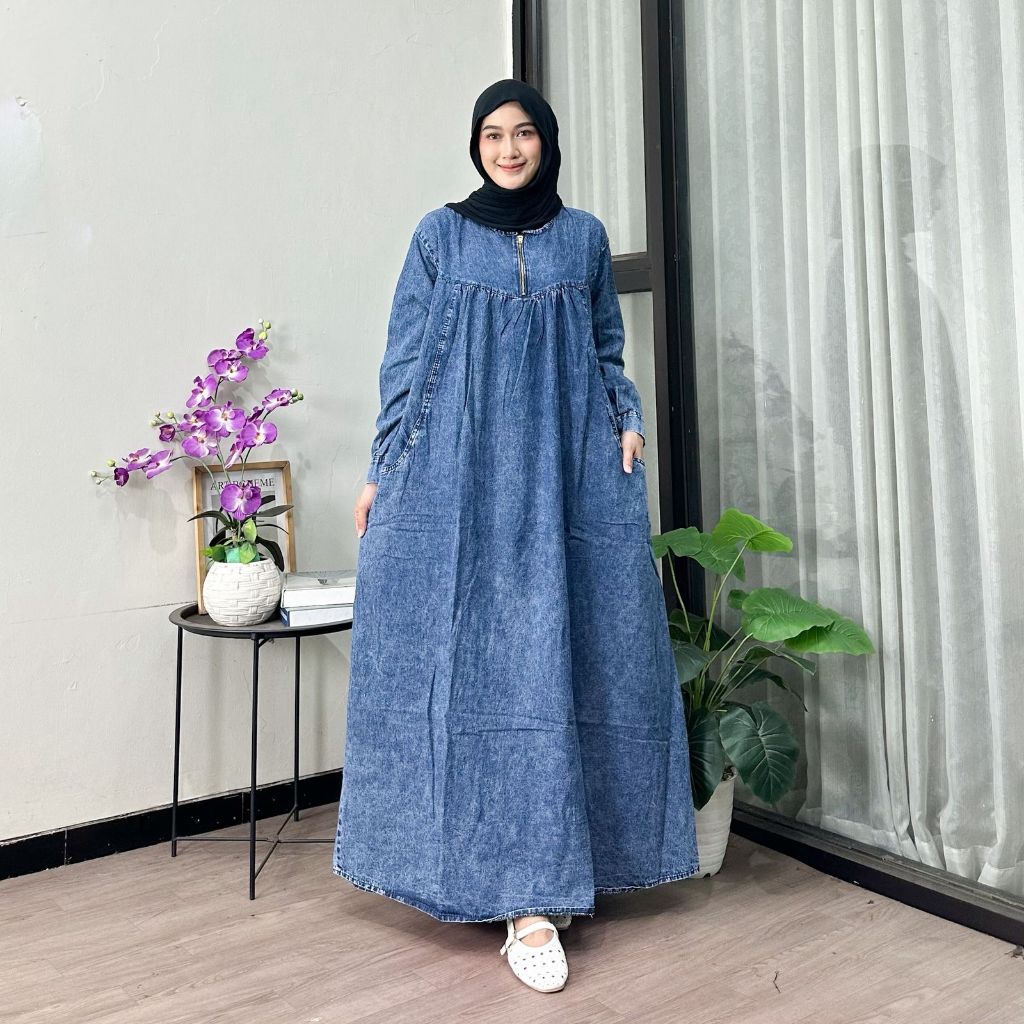 Gamis Jeans Resleting Busui Lengan Panjang Manset