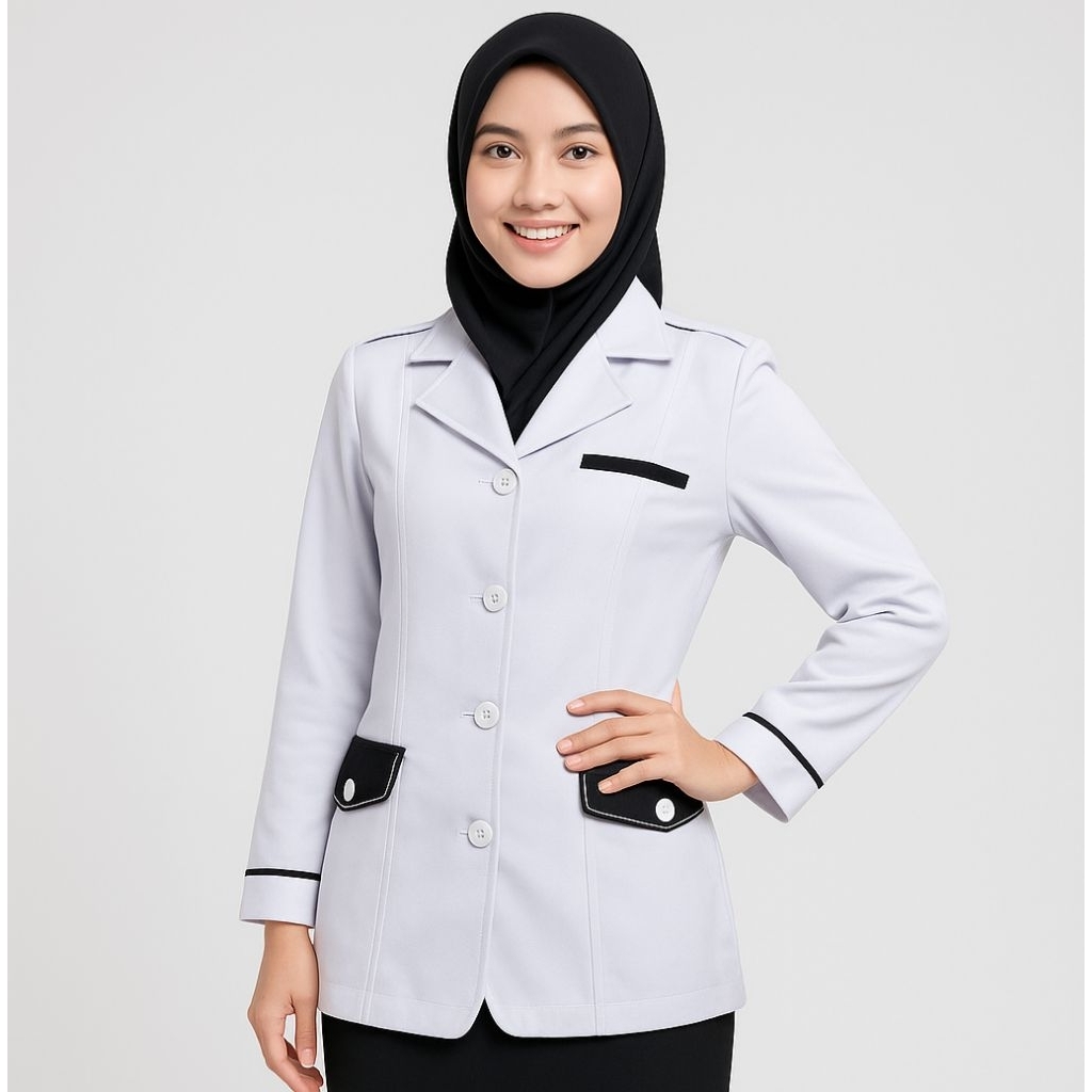atasan blazer wanita putih list hitam kode 9065 baju dinas/pns/guru ukuran SS - 5L bahan lokal