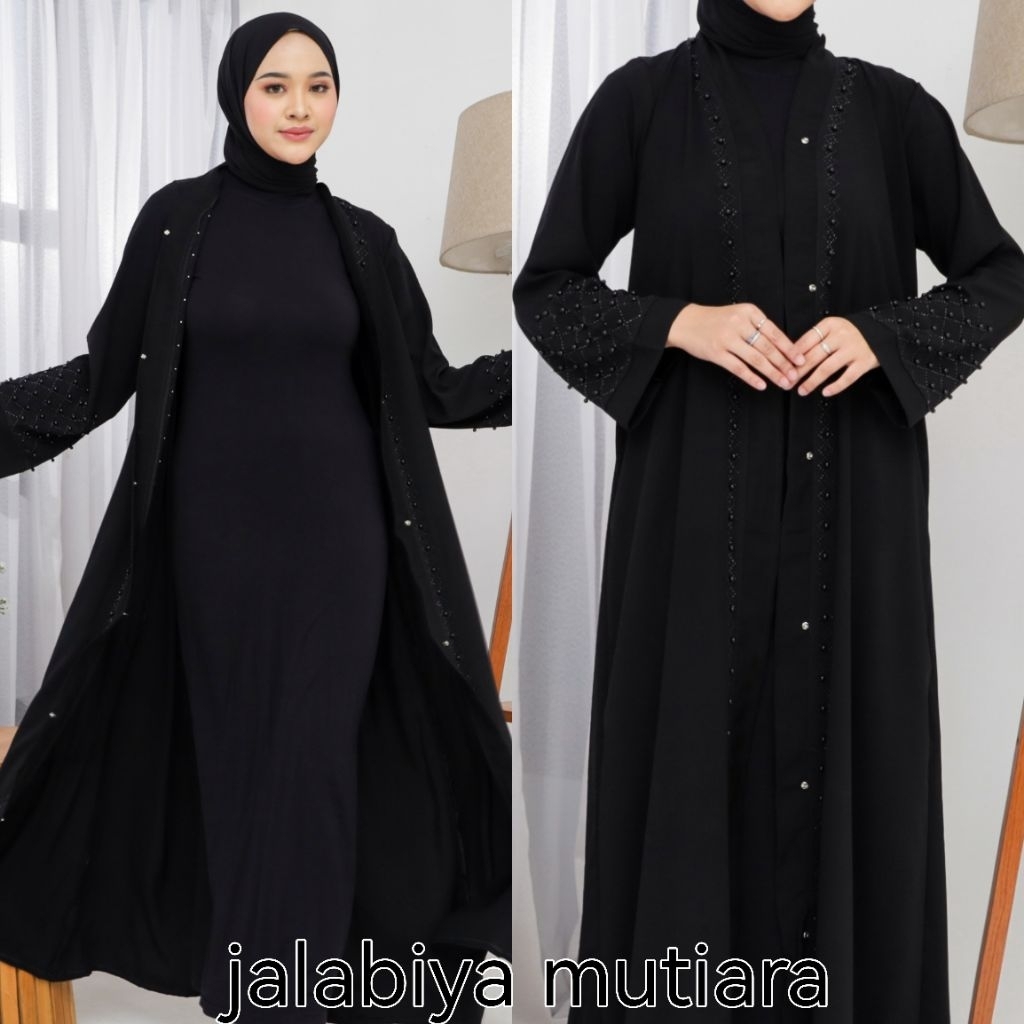 Indo Abaya gamis arab hitam outer jalabiya mutiara mata swarovski Turki muslim