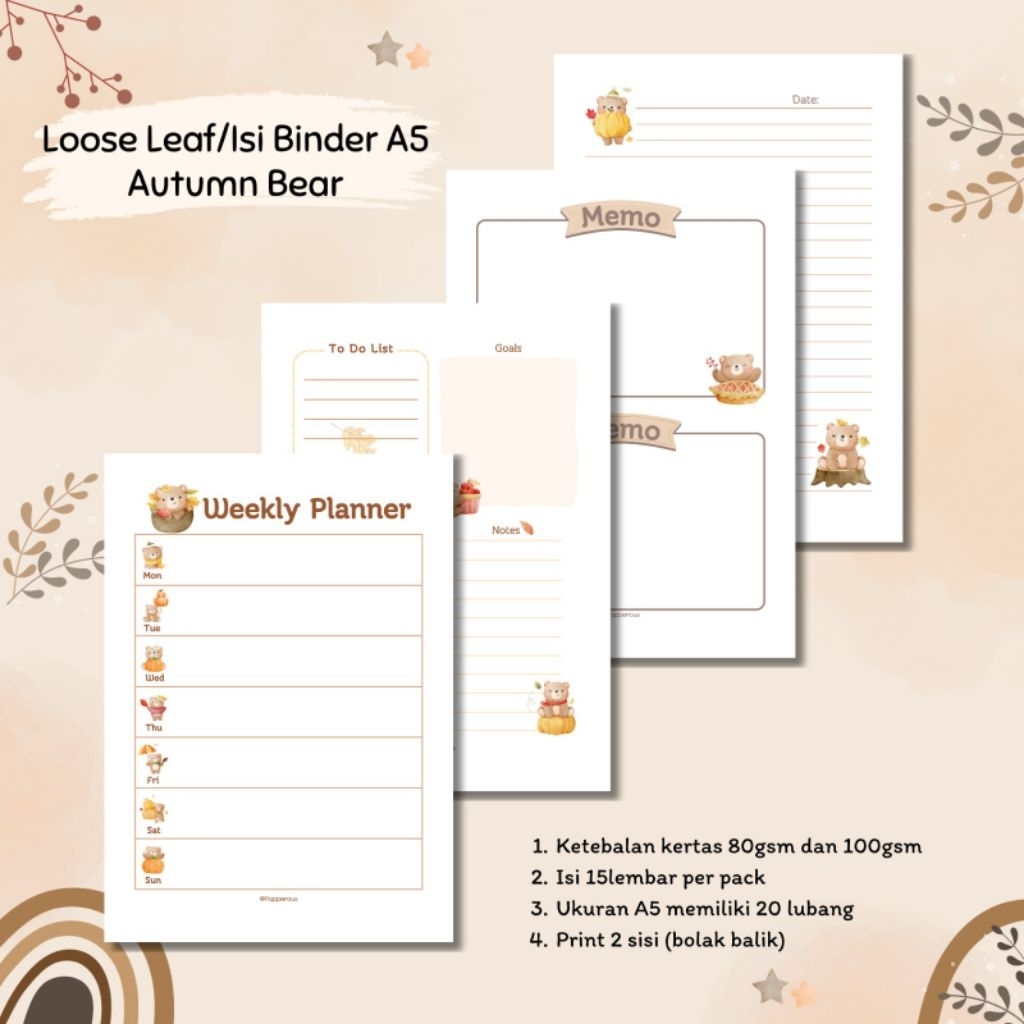 

Isi Binder/Loose Leaf/Kertas Binder A5 - Autumn Bear
