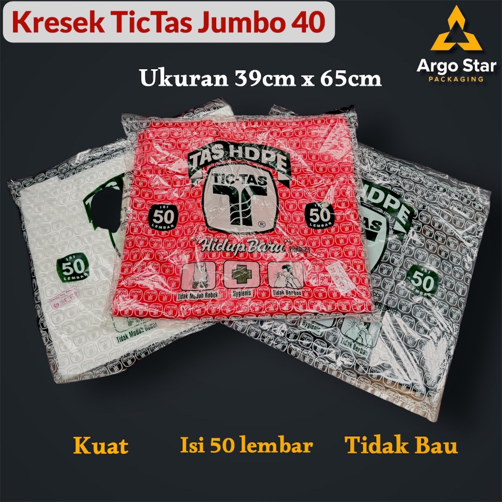 Kantong Kresek TicTas Jumbo Merah 40 Kresek Besar Tik-Tas Tic-Tas Isi 50 lembar Ukuran 39cm