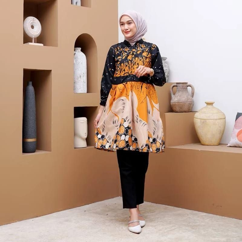 Atasan Batik Muslimah Tunik Batik Wanita Lengan Panjang Syari Modern Kerja Kantor Terbaru A6