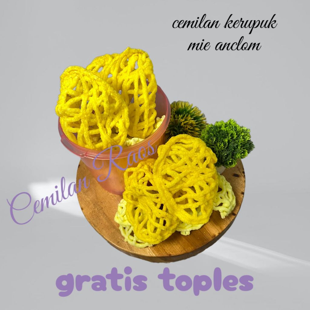 

KERUPUK ANCLOM KUNING RASA BAWANG Krupuk Bentuk Mie Enak Gurih Kuning Keriting Renyah dapat 1 Toples