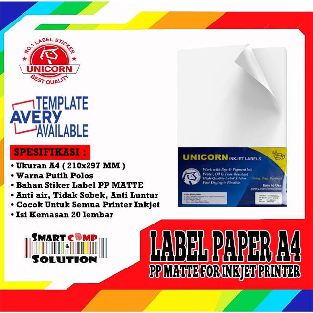 

Unicorn Stiker Label PP Matte Inkjet Paper Label A4 210x297mm / 210x297 mm Anti Air / Anti Sobek / Tidak Luntur
