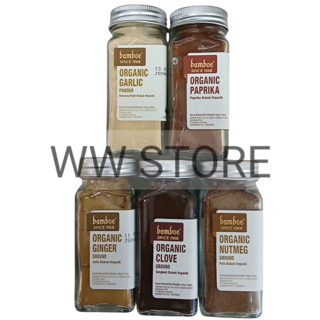 

Bumbu bubuk bawang putih pala cengkeh jahe organik halal MUI bamboe Ground ORGANIC GARLIC 74g NUTMEG CLOVE 47g PAPRIKA 44g GINGER 32g