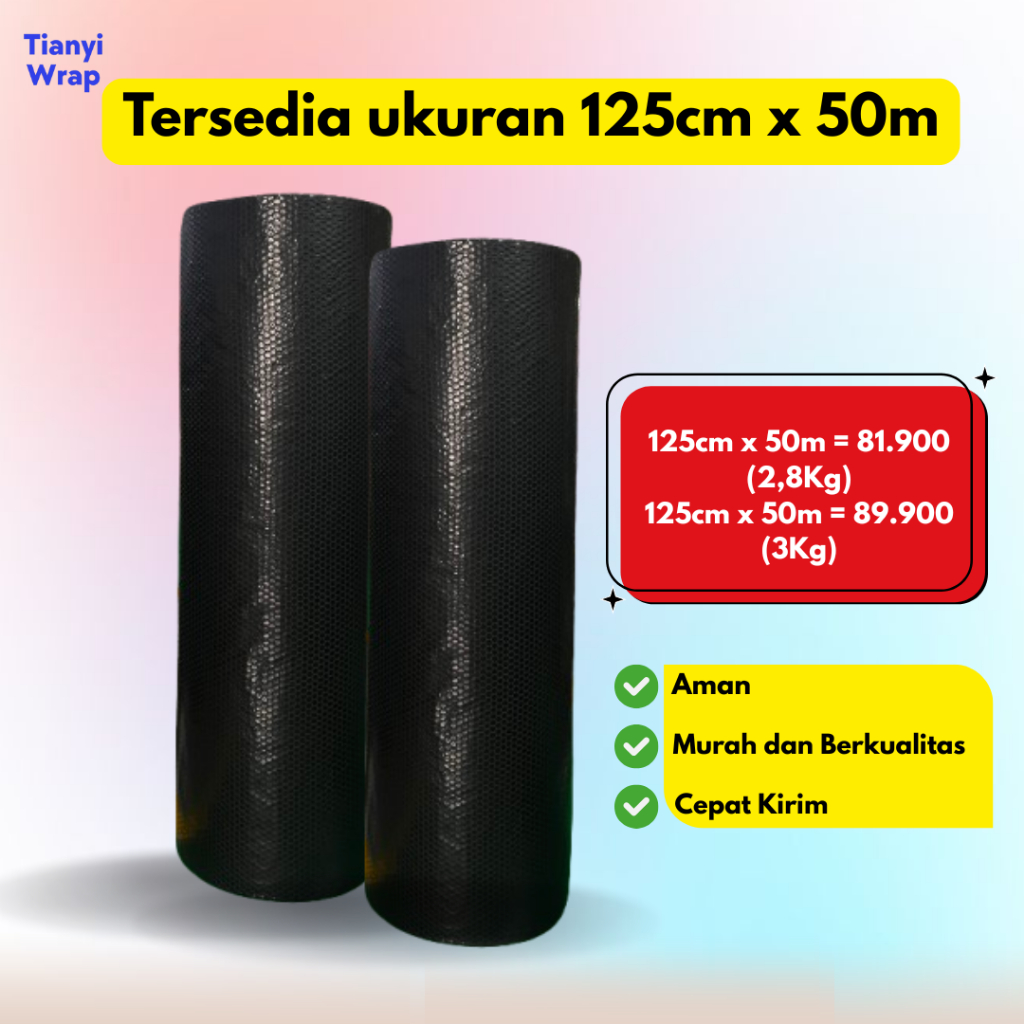 

Bubble Wrap Hitam Berat 2,8kg dan 3kg | 125cm x 50meter | ROLL | Bahan Tebal dan Murah.