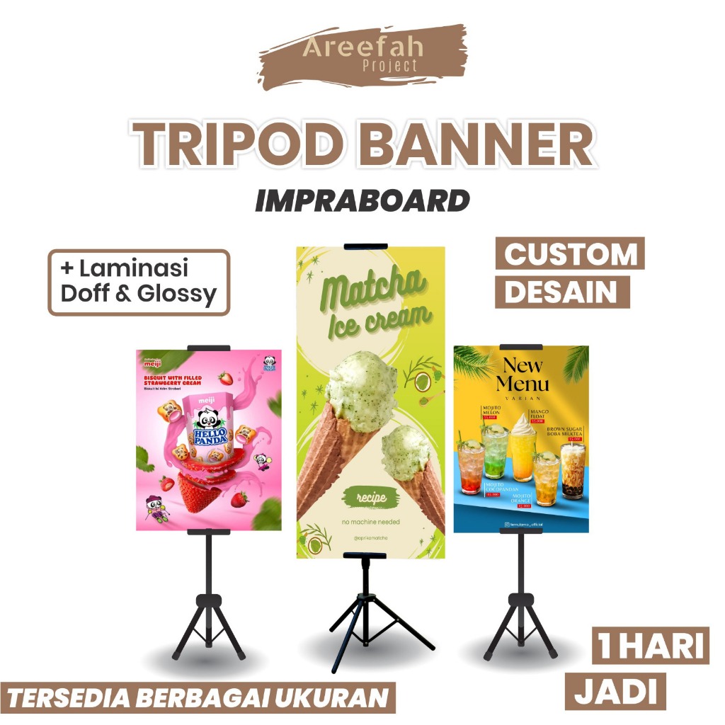 Areefah Custom Tripod Inpra Board | Stand Banner Pameran, Menu & Event | Tripod Banner Inpra Board H