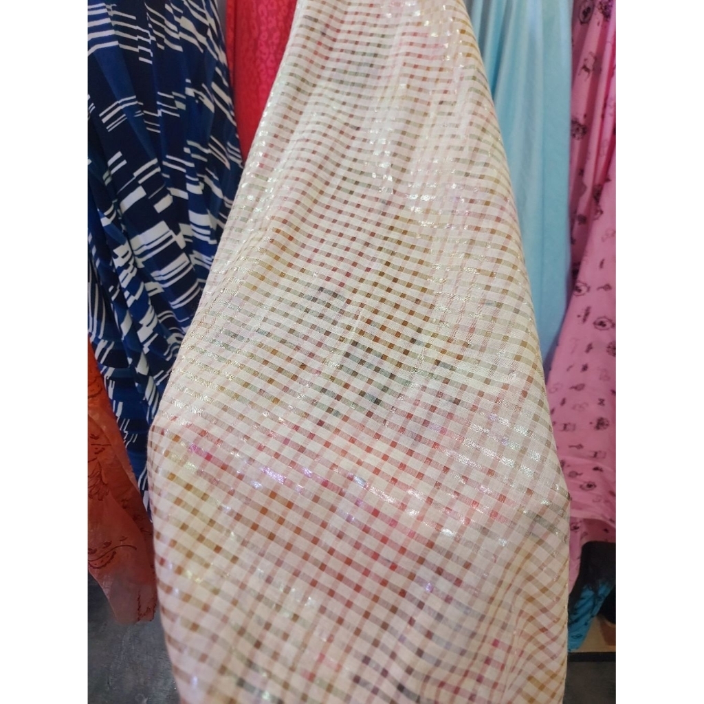 kain organza motif -organza kotak - kain organza katun - organza premium- organza motif (pink)C-002