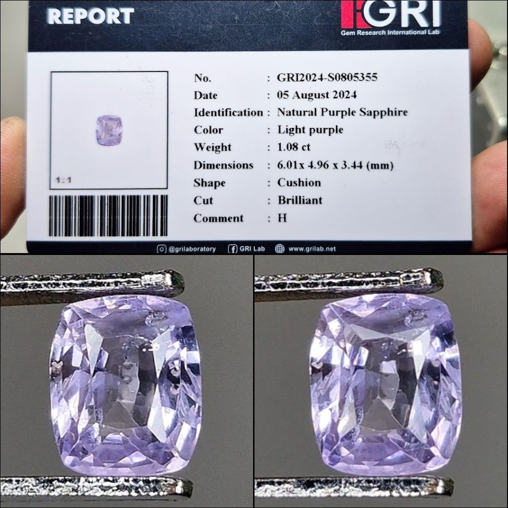 Natural Purple Sapphire srilanka ceylon Fress Color Memo GRI Lab