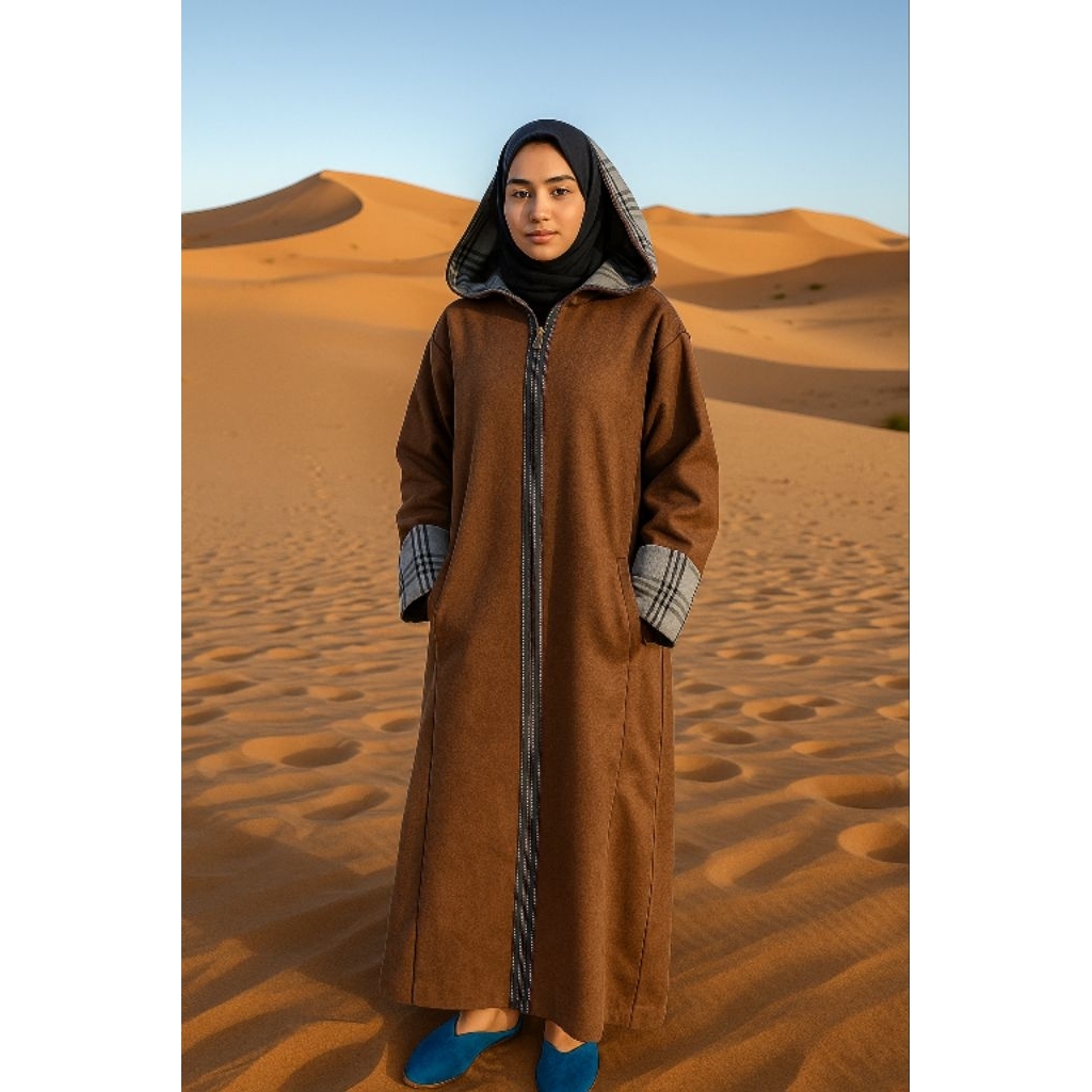 Djellaba.id Baju Umroh Gamis Hoodie Djellaba Jalabah Jubah Kapucong Maroko Wool Wanita Mix 2 Warna