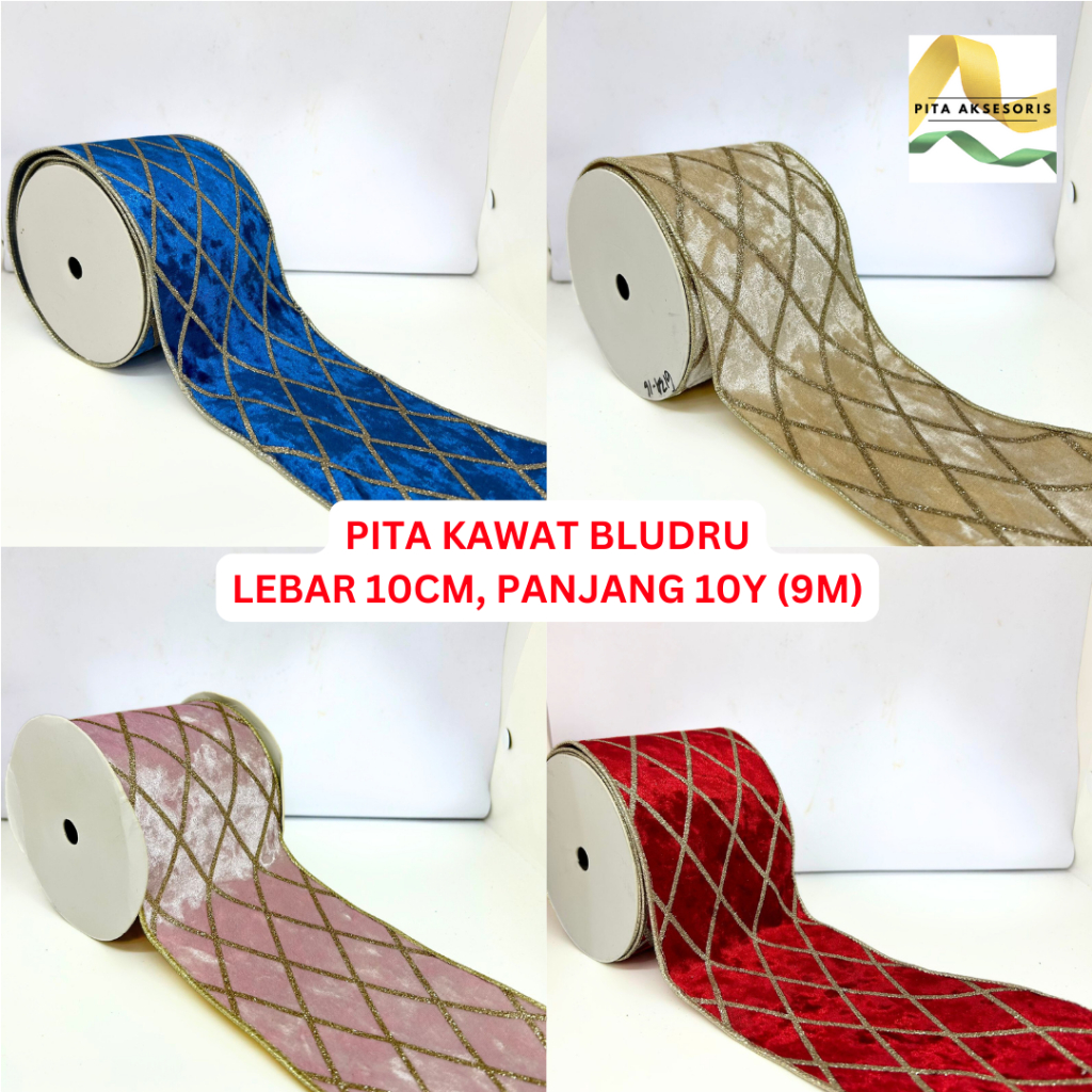 

(1 Roll 10 YARD) Pita Kawat Natal Bahan Bludru Glitter ±10cm x 9m Motif Ketupat Diamond Gold Pita Parcel Natal Pinggir Kawat Ornament Pohon Christmas Hiasan Xmas Hampers Kue Pita Kado Bouquet Pita Bunga