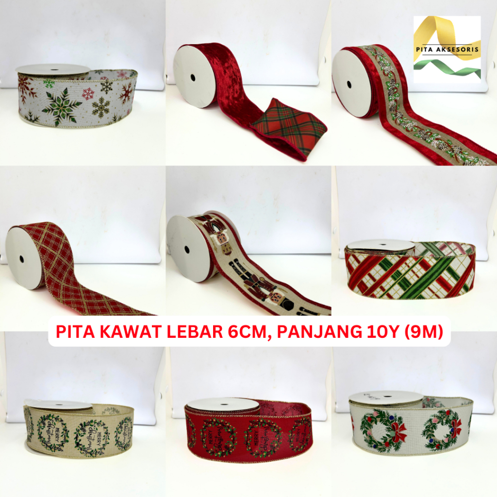 

(1 Roll 10 YARD) Pita Kawat Natal Bahan Satin Kanvas ±6cm x 9m Motif Krans Snowflake Nutcracker Merry Christmas Pita Parcel Natal Pinggir Kawat Ornament Pohon Christmas Hiasan Xmas Hampers Kue Pita Kado Bouquet Pita Bunga
