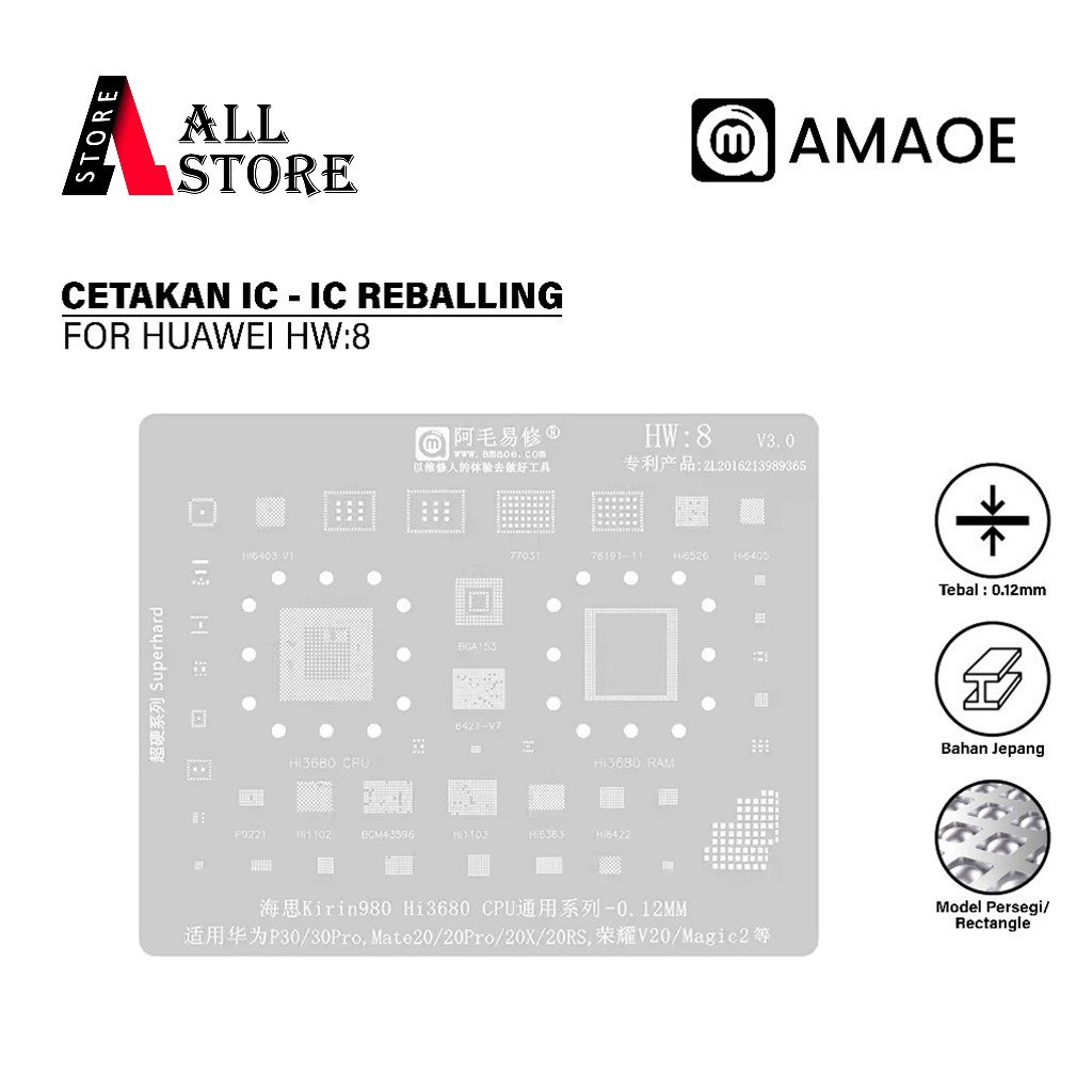 Amaoe Cetakan IC Huawei HW:8 Original – Plat IC BGA CPU RAM Hi6403 Hi6526 Hi6405 Hi3680 Hi1102 BCM43