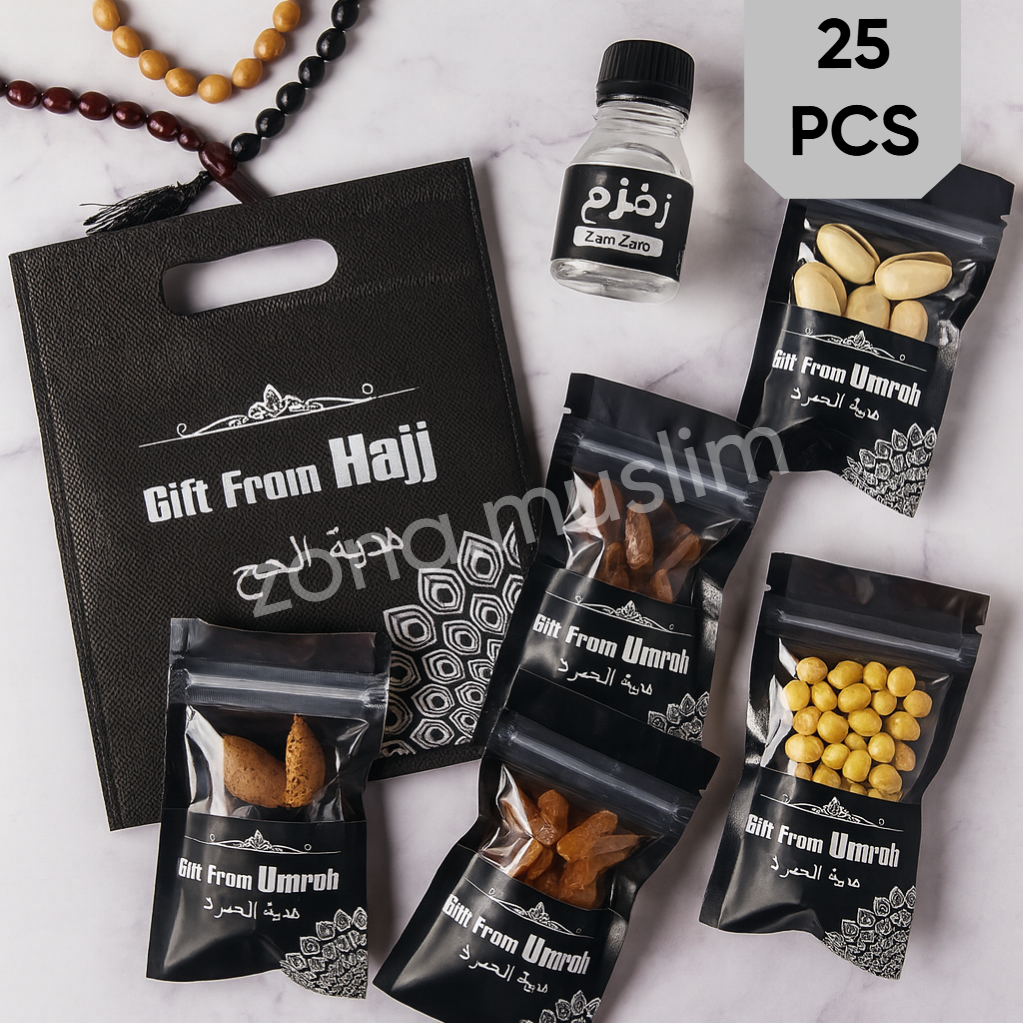 

PAKET OLEH OLEH HAJI DAN UMROH KEMASAN EXCLUSIF 25PCS
