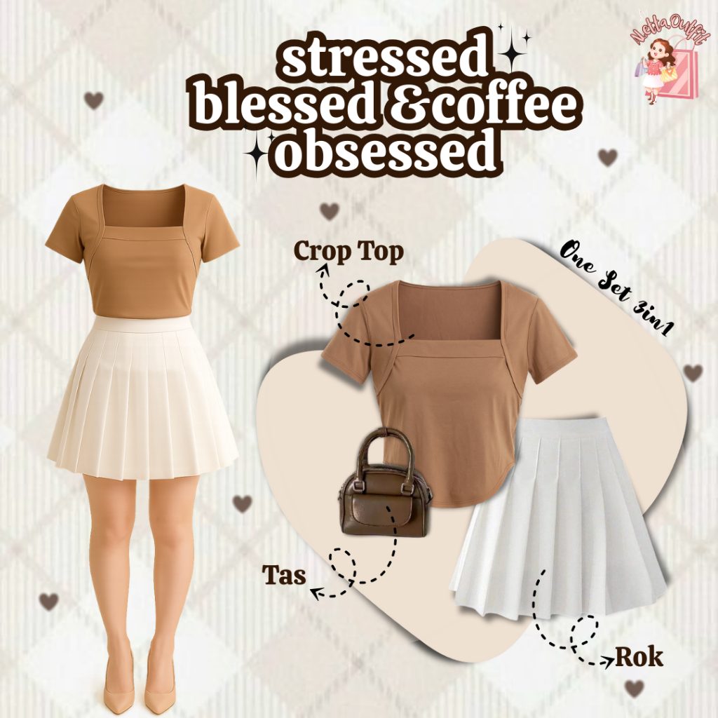 One Set Sharon Outfit(Neck Top, Rok Pendek, Berlyn Tas Selempang)One Set Simple Korean Style AO2C Da