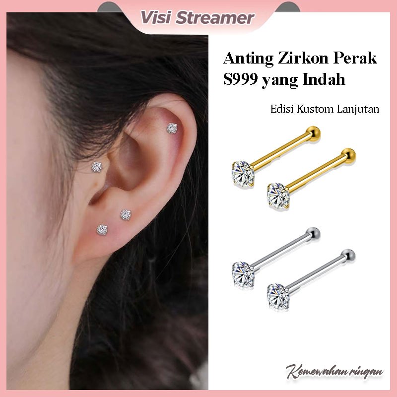Anting perak sterling S999 + zirkon untuk wanita desain khusus anting tulang telinga kelas atas anti