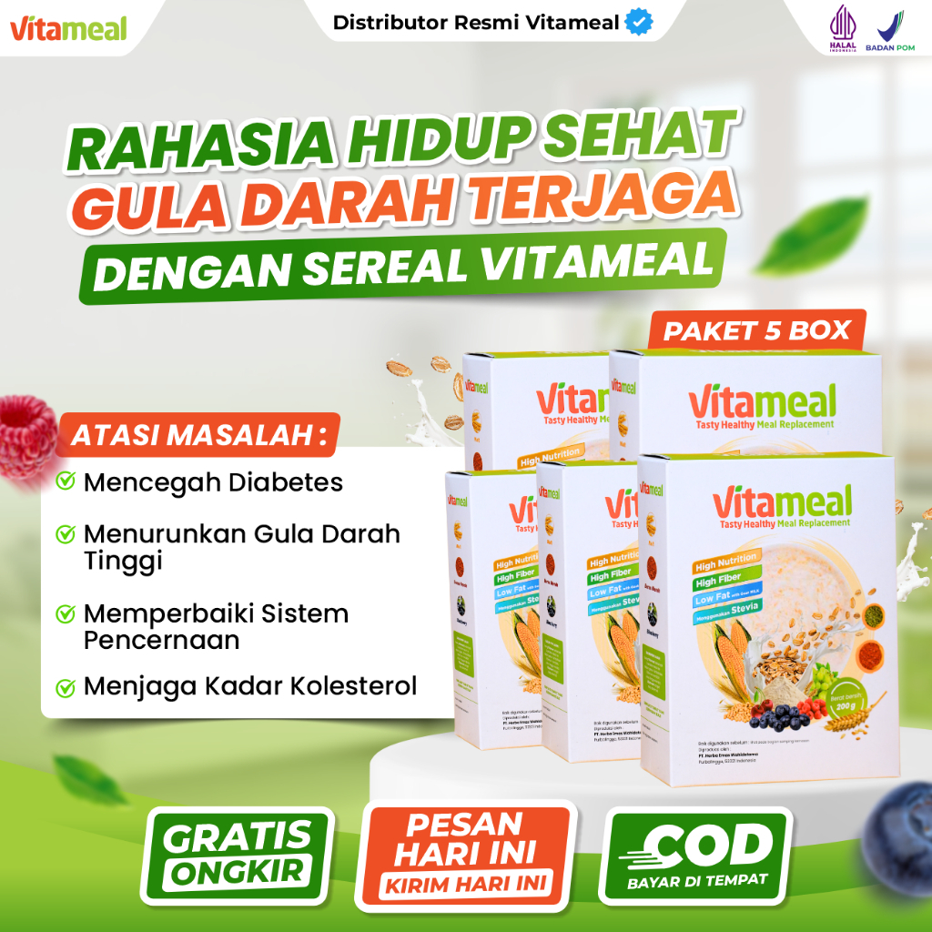 

PAKET 5 BOX VITAMEAL - Sereal Sehat Multigrain Ampuh Menstabilkan Gula Darah Tinggi Menangkal Diabetes Kolesterol Asam Lambung Maag Sereal 200 gram
