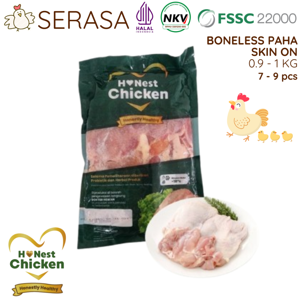 

HONEST CHICKEN DAGING AYAM PROBIOTIK AYAM BONELESS PAHA SKIN ON HALAL NKV 900 GR - 1000 GR