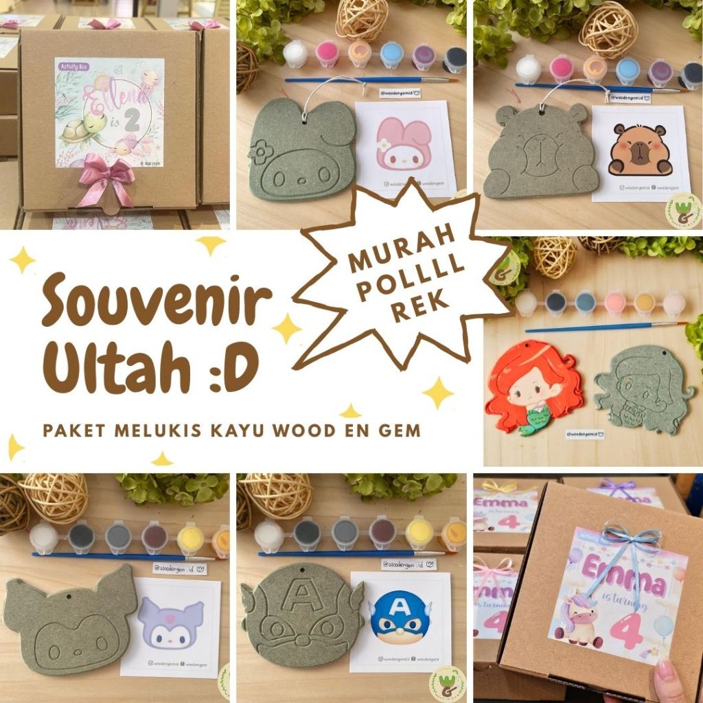 

Souvenir Ulang Tahun Anak - Hampers Ulang Tahun Anak - Set Mewarnai Anak Lengkap - Paket Melukis Karakter Kayu Seri Gantung WOODENGEM