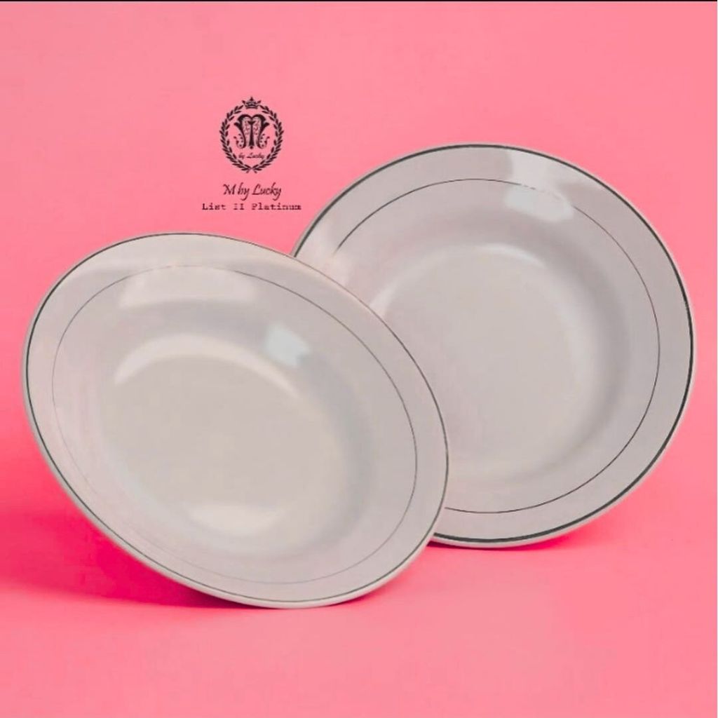 Piring Keramik Putih List Silver Mas Piring Catering Prasmanan Lucky 8 inch/21cm (1 Lusin)