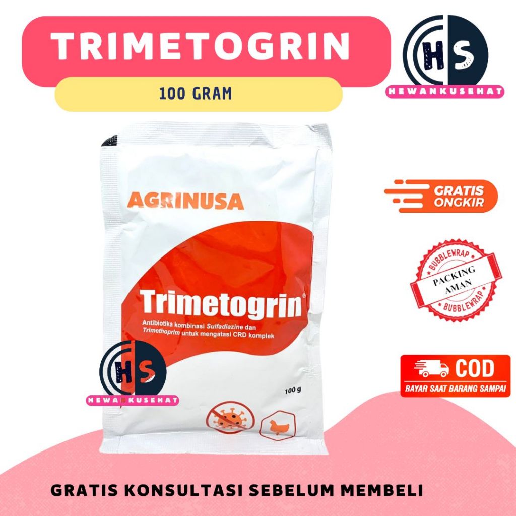 TRIMETOGRIN 100 GRAM - Obat Ayam Ngorok Pilek Snot Kolera Koli Crd komplek (Seperti Colibact Serbuk)