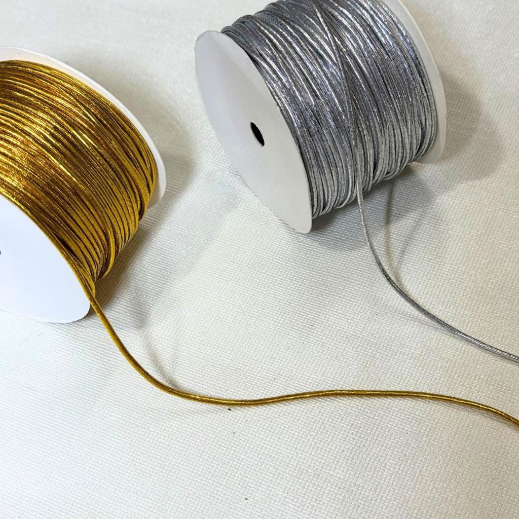 

1 Roll (34 Meter) - Tali Elastis Karet Emas & Silver | Tali Sovenir / Hangtag Elastis Hiasan Kotak Kue/ Hampers