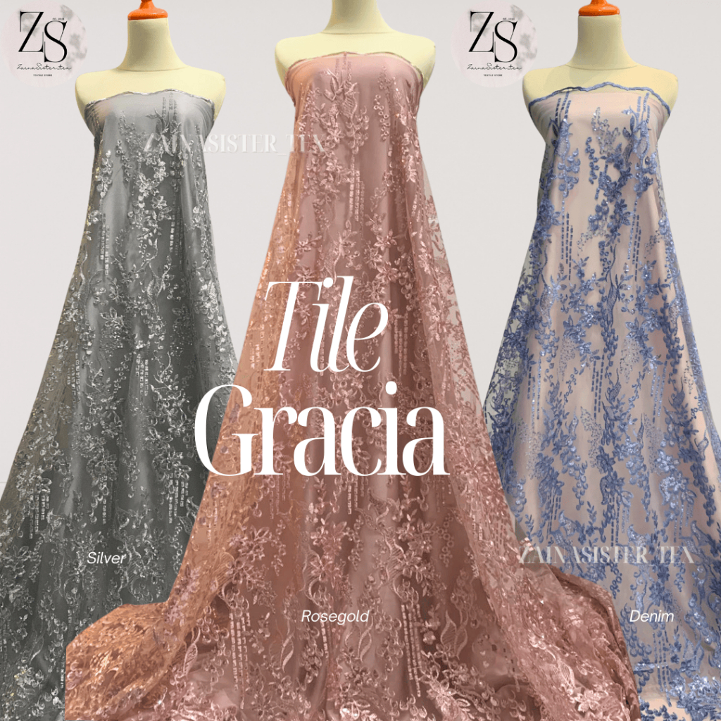 Kain Bahan Kebaya Mewah Brokat Brukat Tile Bordir Payet Gracia Warna Biru Denim Blue