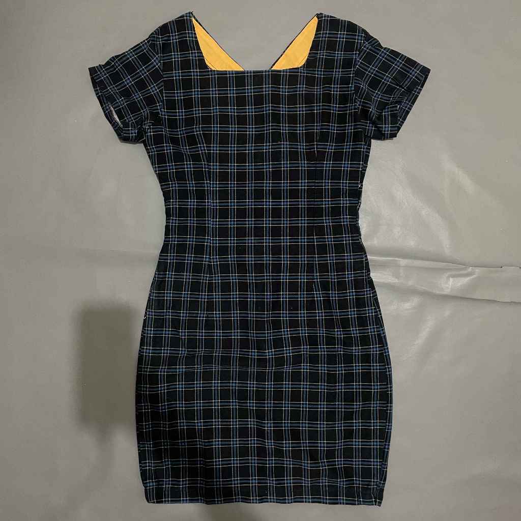 DEWASA C060 (NO BRAND, PRELOVED) Dress Tartan Flanel Boat Neck Leher Kotak Lengan Tangan Pendek Rok 