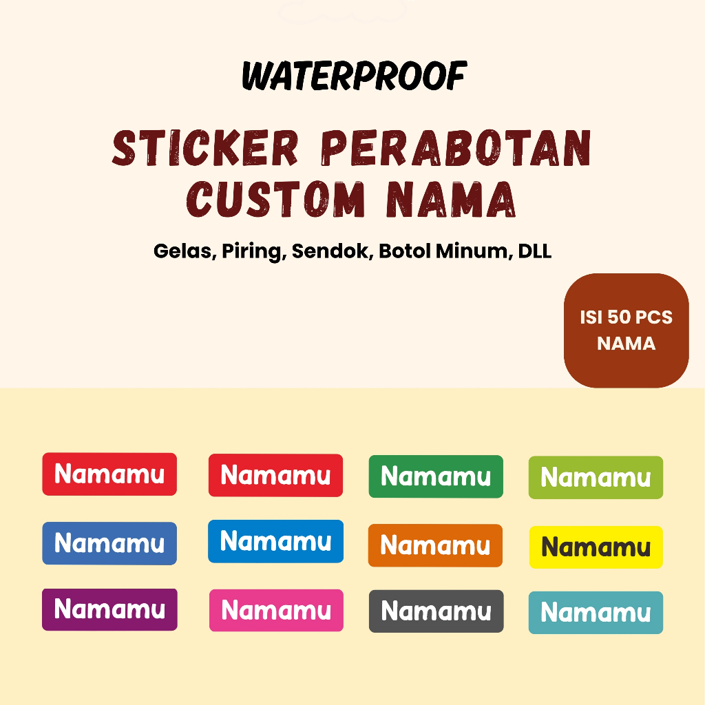 

50 Pcs Stiker Barang Custom Nama Piring Sendok Botol Gelas Perabotan timbul waterproof label