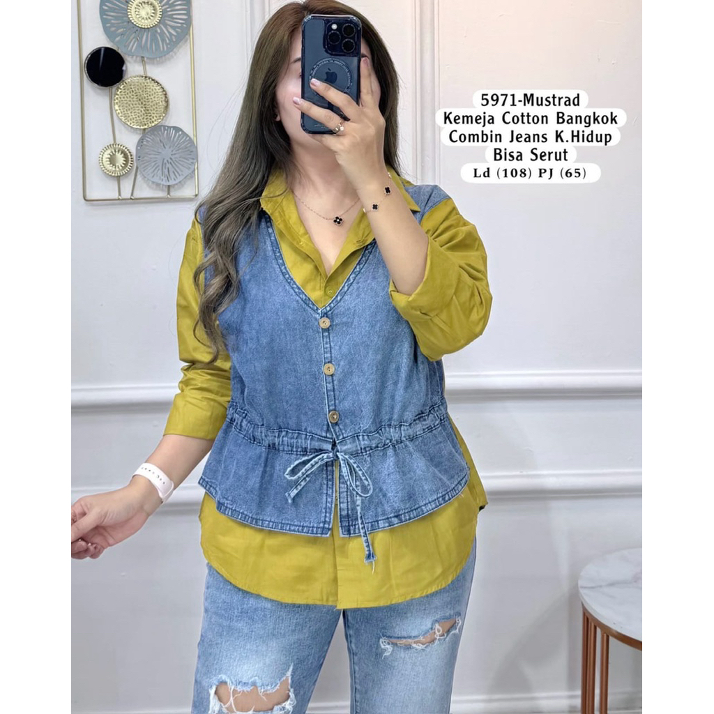 5971- KEMEJA VARIASI ROMPI WANITA LENGAN PANJANG COTTON COMBIN JEANS KANCING HIDUP BISA SERUT IMPORT