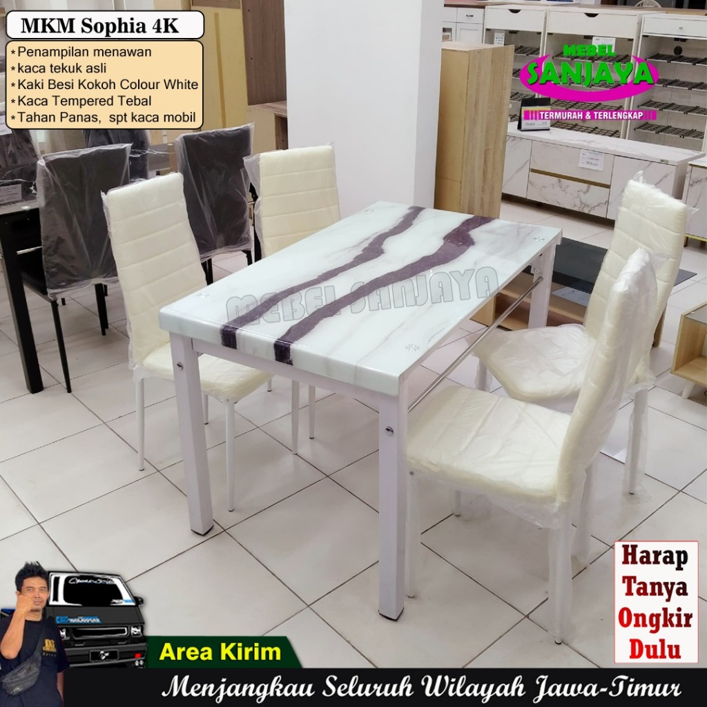 Promo Meja Makan Kaca Tempered Tebal Tahan Panas Kaki Besi Crom-Mebel Sanjaya