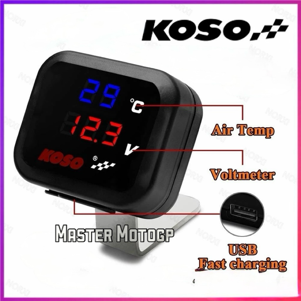 Volt meter Koso Original Voltmeter - suhu - USB breket Besi 3in1 waterproff 12Volt sepeda motor Volt