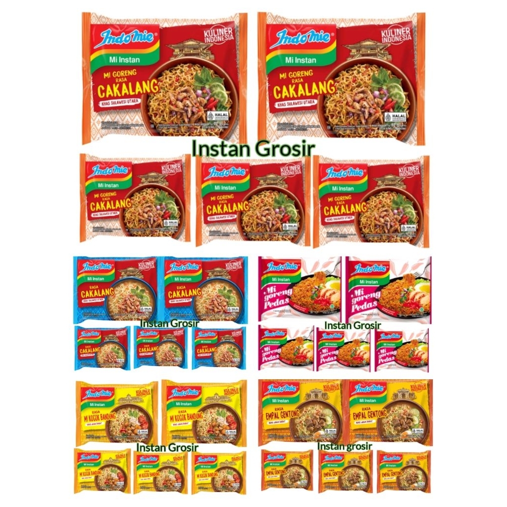 

Paket 5 Pcs - Indomie Mie Instan Goreng & Kuah Mie Goreng Pedas, Goreng Cakalang, Kuah Cakalang, Empal Gentong, Mie Kocok Bandung Noodles Food Kecap Ayam Makanan Bawang Masakan Kari