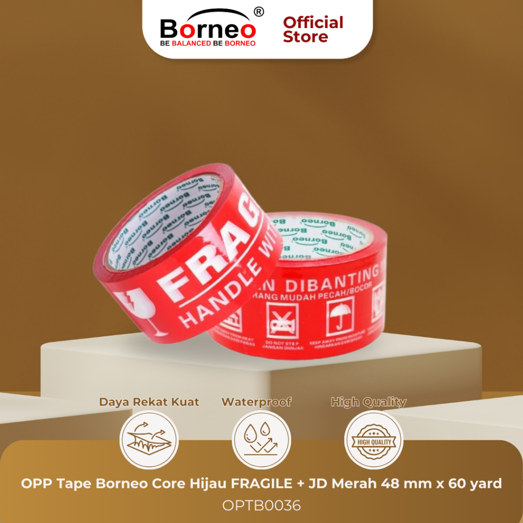 Borneo OPP Lakban FRAGILE JANGAN DIBANTING 48 mm x 60 Yard - Merah /  Lakban Packing