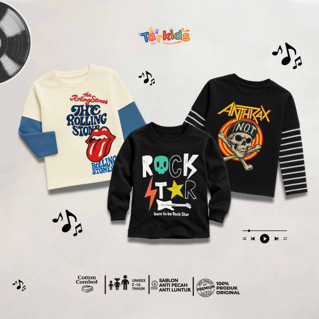Kaos Lengan Panjang Anak – Motif Band Rock Star Rolling Stones Anthrax Premium Adem & Nyaman
