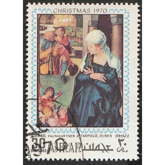 

a 11510 SATU BUAH PRANGKO NOMINAL 30 DIRHAM TEMA LUKISAN PAUN GARTNER KARYA DURER DENGAN KONDISI SUDAH ADA CAP