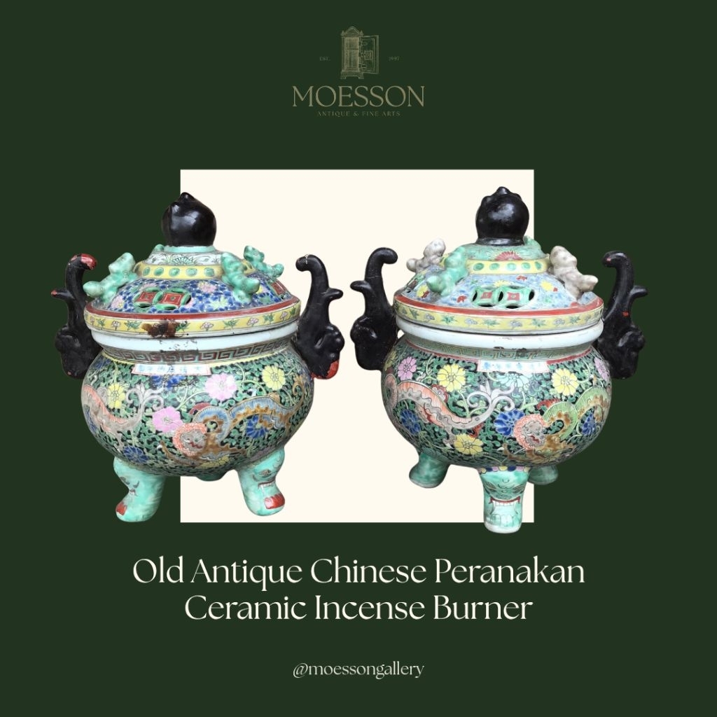 Sepasang Tempat Dupa Keramik Peranakan China Lawas Jadul Tua
