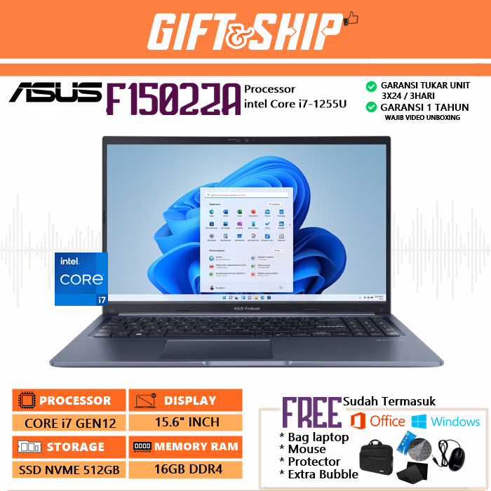 ASUS VIVOBOOK F1502ZA Core i7-1255U [RAM 16GB/SSD 512GB] 15.6" INCH TOUCH SCREEN W 11 FREE BAG LAPTO