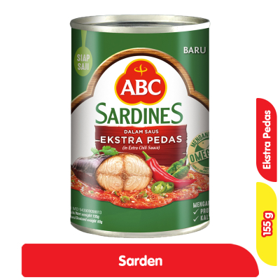 

ABC Sardines Extra Pedas 155g - Dalam Paus Siap Sahi, Rasa Ekstra Pedas, Produk ABC Sarden